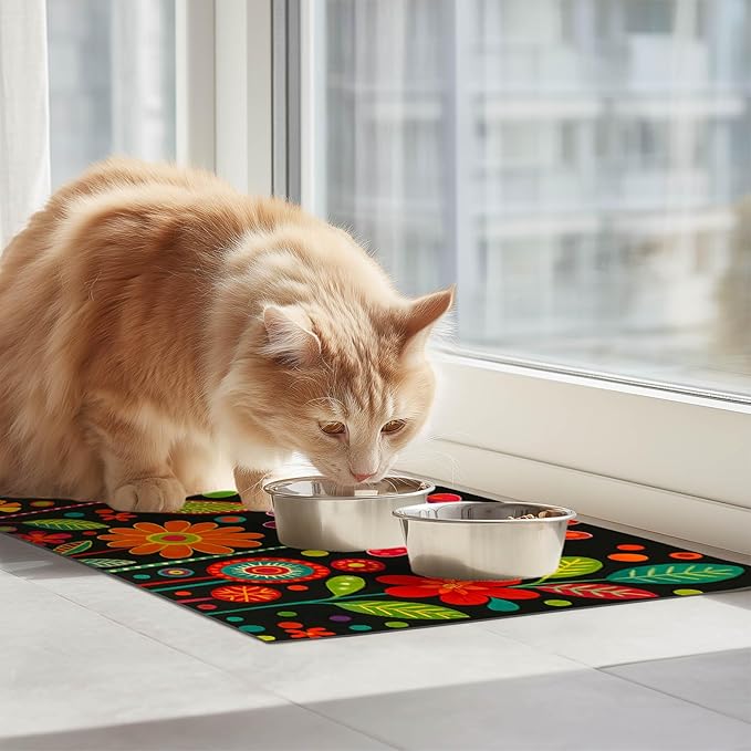 Vibrant Flower Pattern Pet Food Mat Spill-Proof Cat Feeding Mats Non-Slip Mat for Dog Food and Water Bowls Trendy Easy Clean Fast Dry Cat Food Mats for Indoor Cats 20" x 12"