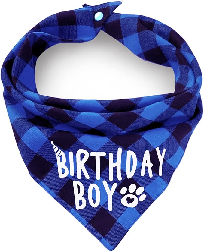 Birthday Plaid Dog Bandana with Button, Fall Dual Layer Soft Cotton Triangle Dog Scarf Kerchief Washable Girl Boy Puppy Bandanas Adjustable Accessories for Small Medium Large Extra Large Pet