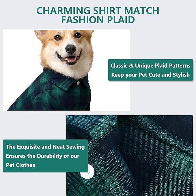 Koneseve Dog Shirt - Plaid Pet T-Shirt Sweater, Breathable & Cozy Tartan Outfit for Medium & Large Dogs, Casual Clothes - Adorable Costume for Halloween, Thanksgiving Christmas (Green; 7XL)