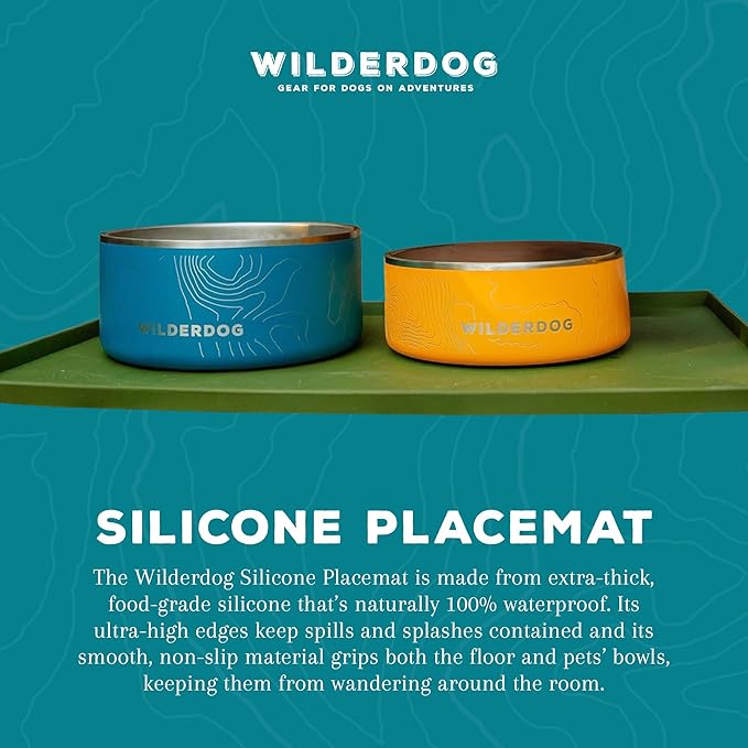 Wilderdog Silicone Pet Placemat Made with 100% Food-Grade Silicone Cone, BPA, PVC, and Phthalate-Free. Non-tocix, Dishwasher Safe Feeding mat for Bowls with Spill Catcher and Raised Mountain Logo