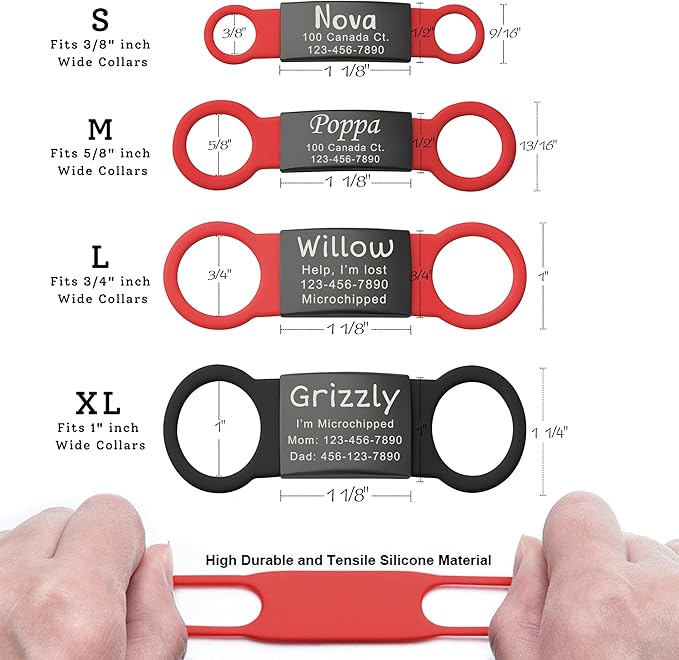 Anavia Slide On Silent Pet ID Tags, S/M/L/XL Personalized Black Stainless Steel Colored Silicone Cat Dog Name Tag, Customized Engraved Nameplate, Quiet Chew-Proof Pet Collar Tag (Pink, Large)
