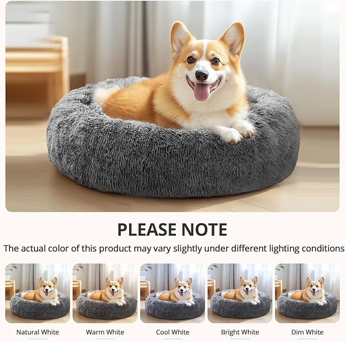 JOLLYVOGUE Calming Dog Bed for Small Dogs - 23 inches Donut Washable Small Dog Bed for Kittens & Puppies, Anti-Slip Round Fluffy Plush Faux Fur Cat Beds (Fits up to 25 lbs Pets, Smoke Black)