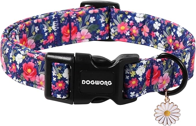 DOGWONG Blue Flower Dog Collar, Cute Adjustable Floral Collar, Girl Female Dog Collar with Strong Plastic Buckle for Small Medium Large Dogs,XL