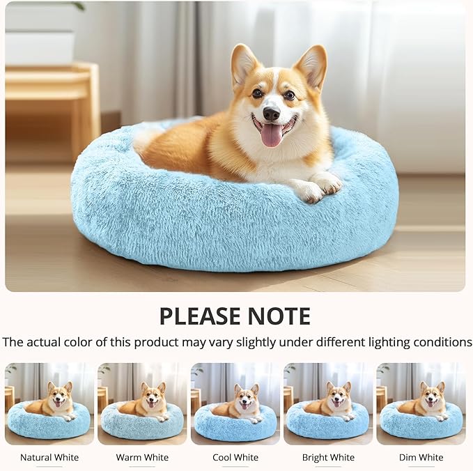 JOLLYVOGUE Calming Dog Bed Large Size Dog, Anti-Anxiety Donut Large Pet Bed, 36 inches Fluffy Faux Fur Round Cat Bed, Fits up to 75 lbs Pets (Light Blue)