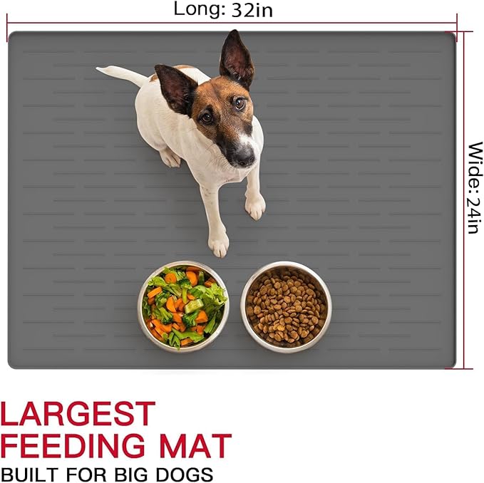 32" x 24" Large Pet Food Mat, Silicone Dog Mats for Food and Water, Nonslip Pet Feeding Mats for Floors,Dog Cat Bowl Mat with Raised Edges, Gray Green