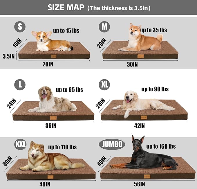 Patas Lague Orthopedic XL Dog Bed Large Sized Dog 42''X28'', Soft Waterproof Egg Crate Foam Large Pet Crate Beds Mat with Removable Washable Cover and Non-Slip Bottom, Brown