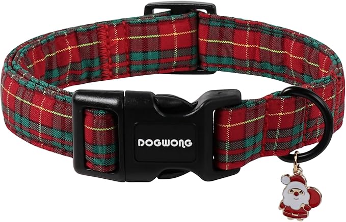 DOGWONG Christmas Plaid Dog Collar, Adjustable Red Tartan Collar, Scottish Red Grid Dog Collar with Strong Plastic Buckle for Small Medium Large Dogs,XS