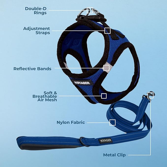 Best Pet Supplies Voyager Step-in Air All Weather Mesh Harness and Reflective Dog 5 ft Leash Combo with Neoprene Handle, for Small, Medium and Large Breed Puppies - Royal Blue/Black Trim, XXX-Small