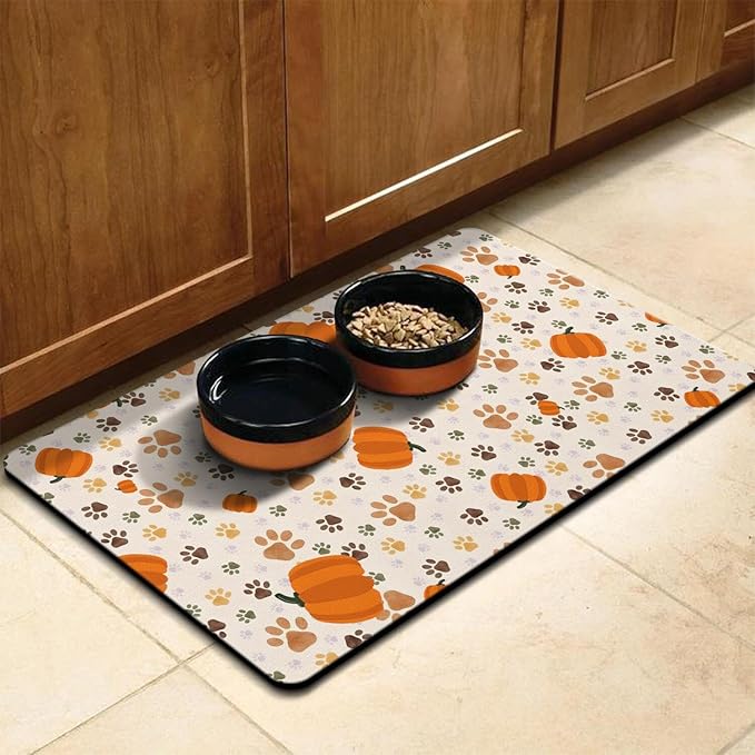 Fall Pumpkin Dog Food & Water Mat, Paw Prints Autumn Pet Feeding Mat for Floor Non-Slip Waterproof, Super Absorbent Cat Bowl Mat, Easy to Clean Eco-Friendly Durable Pet Placemat,17" × 30"