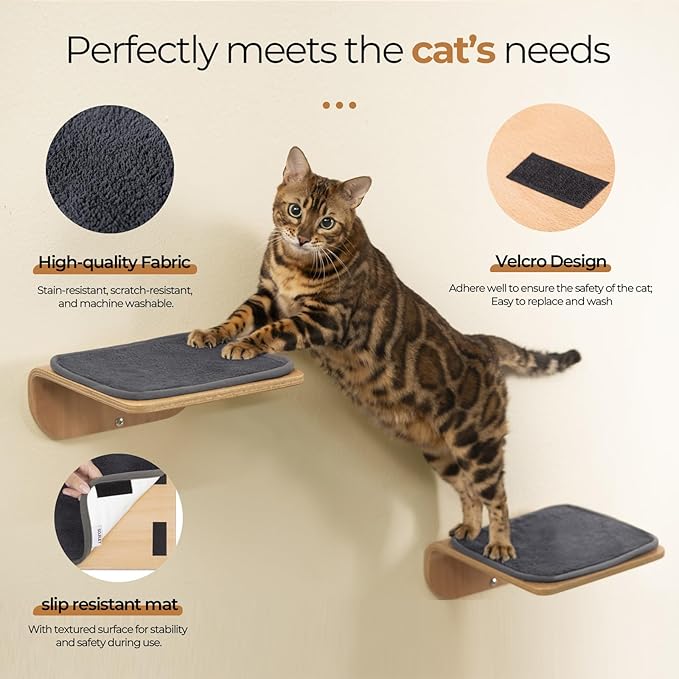Cat Wall Shelves for Cat Wall Steps, Perch, Ladder, Wooden Floating Modern Mounted Space Saving Furniture with Scratching Cushion Removal Cover for Climbing, Jumping and Sleeping(Steps of 4)