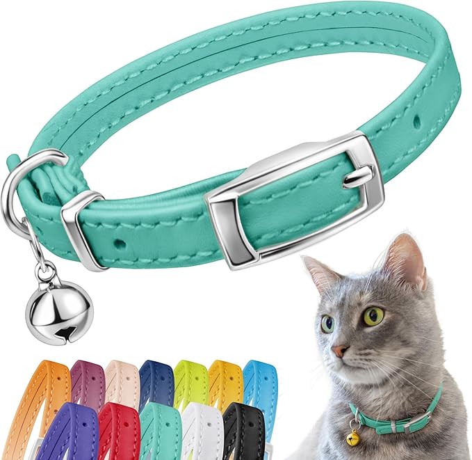 CollarDirect Leather Cat Collar, Cat Safety Collar with Elastic Strap, Kitten Collar for Cat with Bell Black Blue Red Orange Lime Green (Neck Fit 6"-7", Mint Green)