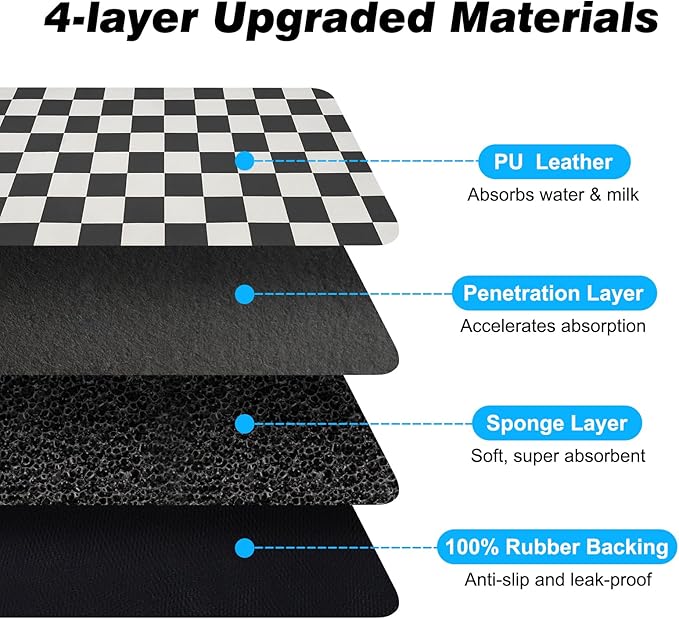 Checkered Dog Food Mat, Absorbent Leak-Proof Pet Feeding Mat, Quick Dry Cat Food Mat for Messy Drinkers 16" x 24" Black