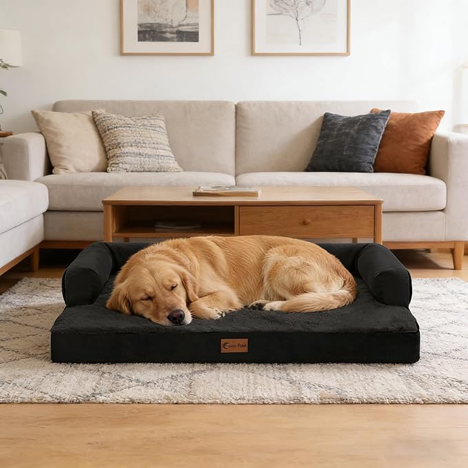Orthopedic Dog Beds for Large Sized Dogs, Waterproof Egg Crate Foam Large Dog Couch Beds with Comfy Bolster 36x27Inch, Washable Pet Beds with Removable Cover and Nonskid Bottom, Black