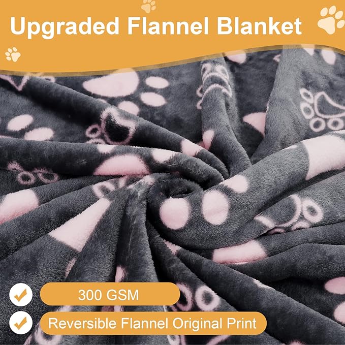 Dog Blankets for Large Dogs,Washable Pet Blanket, Soft Crate Bed with Paw Pattern for Kennel/Couch, Grey & Pink 80x60 Inch