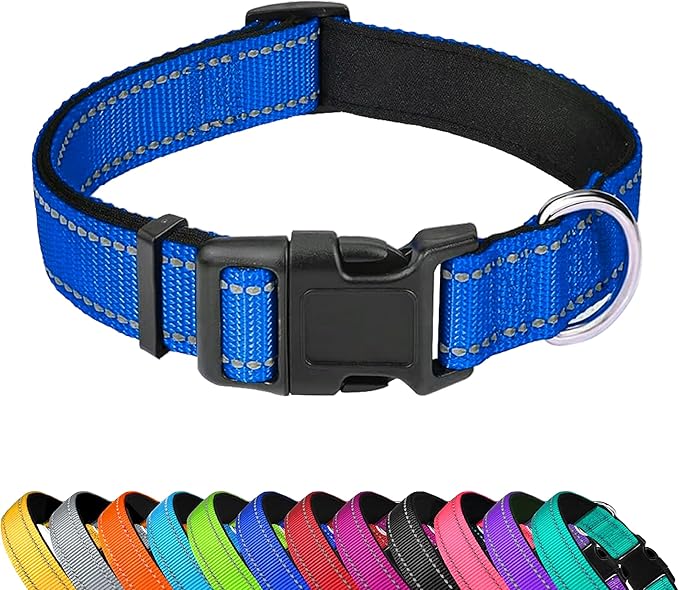 Reflective Dog Collar, Adjustable Soft Neoprene Padded Nylon Pet Collars with Buckle for Medium Dogs, Navy Blue,M