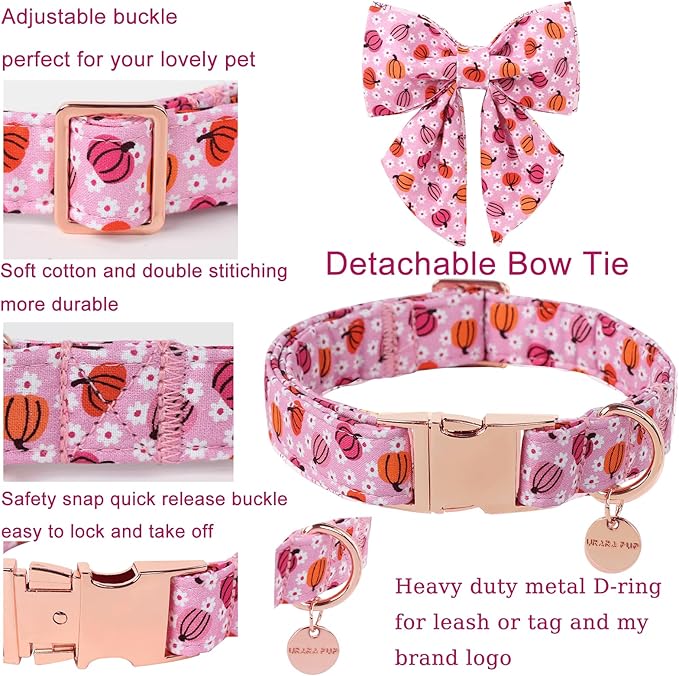Halloween Pumpkin Dog Collar with Bow Tie, Pink Halloween Puppy Bowtie Collar with Adjustable Metal Buckle,Fancy Dog Collar Bowtie for Girl Boy Dog,S