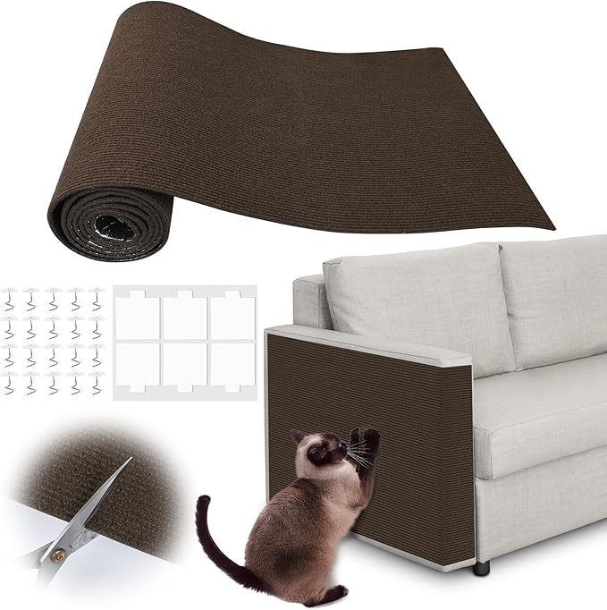 Cat Scratch Furniture Protector - 118" x 13.8" Trimmable Self-Adhesive Cats Claws Scratch Pads, DIY Cat Climbing Couch Protector for Scratch Post Cat Tree Replacement Indoor (Brown)