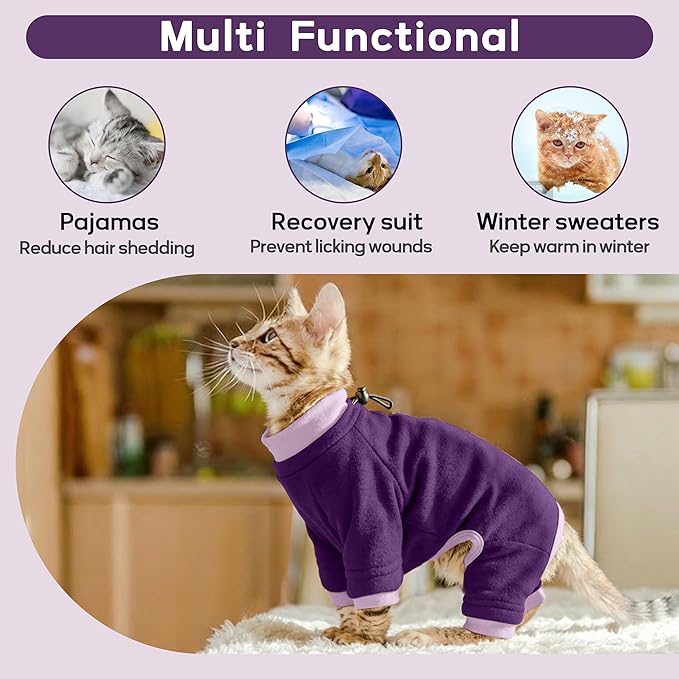 PUMYPOREITY Cat Hair Sticky Sweater, Recovery Suit - Breathable & Lightweight for Post-Surgery Protection, Cat Onsie Prevents Licking Wounds, Purple, 2XL