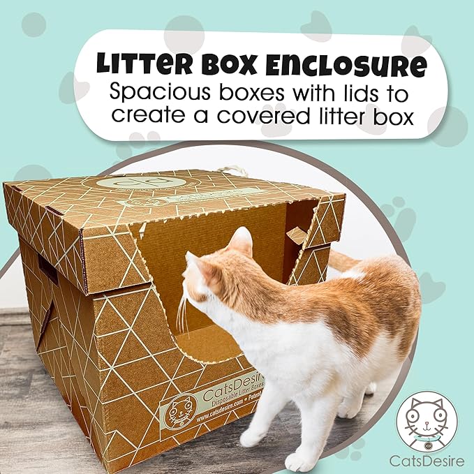 Cats Desire Litter Box - Disposable Litter Box Pack (6 pcs) - Top/Low Entry - Includes 2 lids, 2 Bases and 2 Multipurpose Pads - Partially Recycled Cardboard, 17" L x 17" W x 15.25" H
