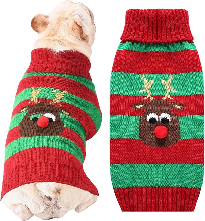 Dog Cat Christmas Sweater Boy Girl Ugly Reindeer Xmas Pet Clothes Holiday Puppy Costume New Year Gifts for Small Medium Large Dogs Outfits (L, Red Green Stripe Reindeer)
