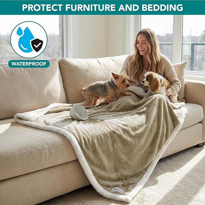 PetAmi Waterproof Dog Blanket for Medium Large Dog Puppy Cat Throw for Couch Cover Leakproof Protection, Sherpa Fleece, Reversible Soft Washable 60x40 Taupe