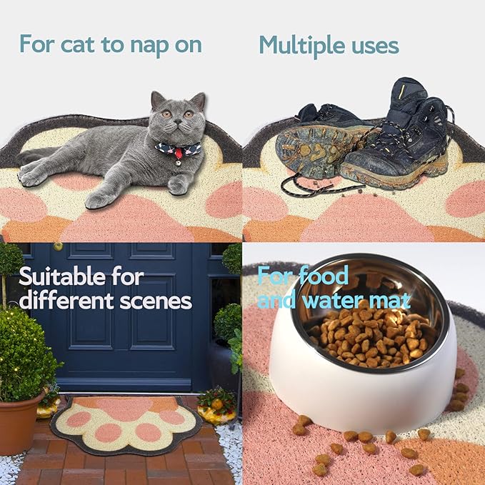 Cute Cat Litter Mat 24”x16”, Litter Box Mat, Litter Trapping Mat, Soft on Kitty Paws, Easy Clean, Anti Slip, Pet Accessories, Door Floor mats - White paw