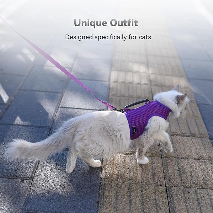 Kitty Harness and Leash for Walking Escape Proof Breathable Mesh Fabric, Purple, Small, Adjustable Cat Walking Jackets with Handle, Padded Stylish Cat Vest