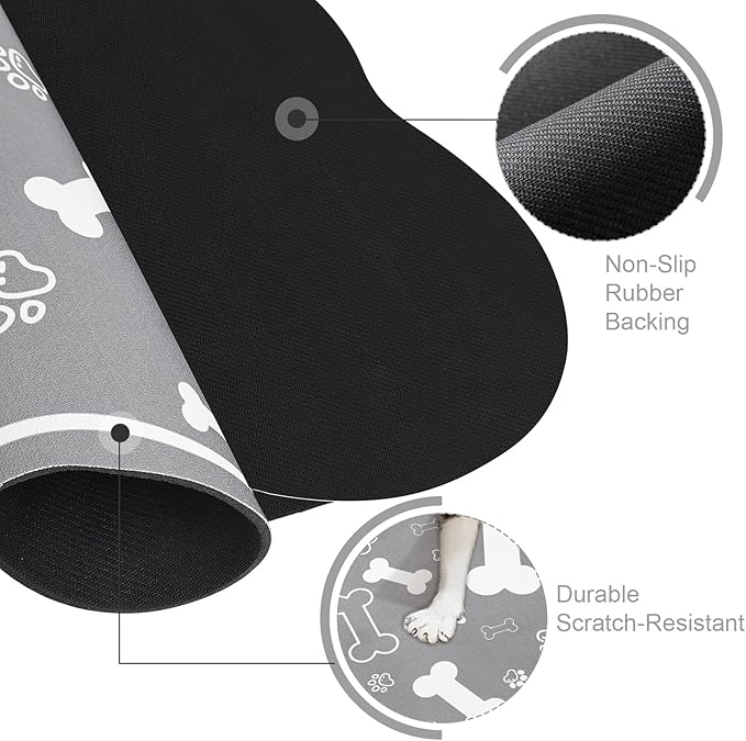 Dog Cat Food Mat, Rapid Absorbent Pet Feeding Placemat, Bone Shaped With Rubber Backing, No Stains Indoor, Pet Accessories Supplies 17"29" Grey