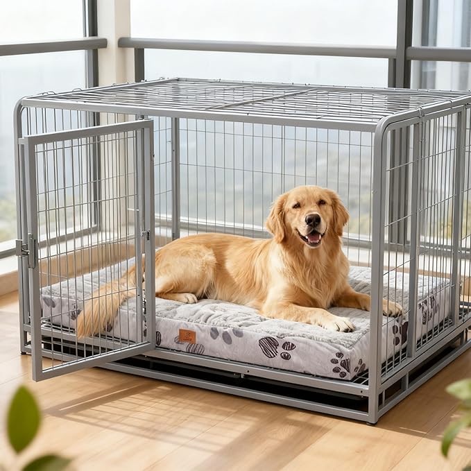 Waterproof Orthopedic Dog Bed for Extra Large Dogs 41x27x4 Inch - Egg Crate Foam Pet Crate Bed with Removable Washable Cover, Plush Top Anti-Slip Bed Mat, Light Grey