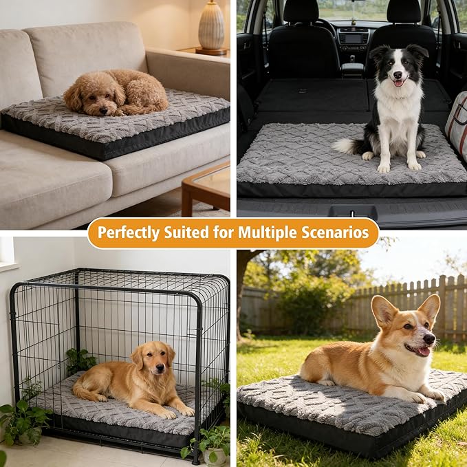 XXL Dog Crate Bed - Soft Fluffy Memory Foam Dog Bed with Anti-Slip Bottom, Machine Washable Pet Bed for Extra Large Dogs (47"x29"x4", Grey)