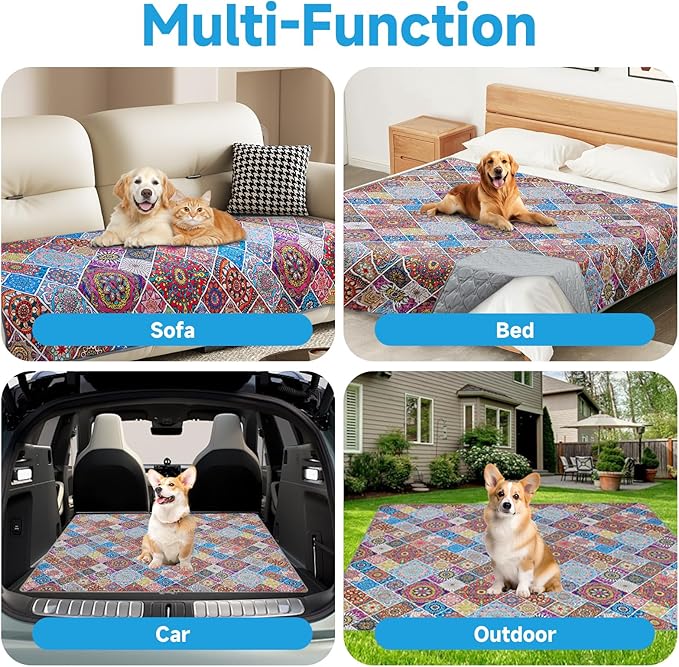 Waterproof Dog Blanket, Bohemian Dog Bed Cover Pet Blanket, Reversible Sofa Couch Cover for Dogs Washable, Protect Furniture Bed Couch Sofa for Puppy Cat (Colorful Medallion, 52×82 Inch)