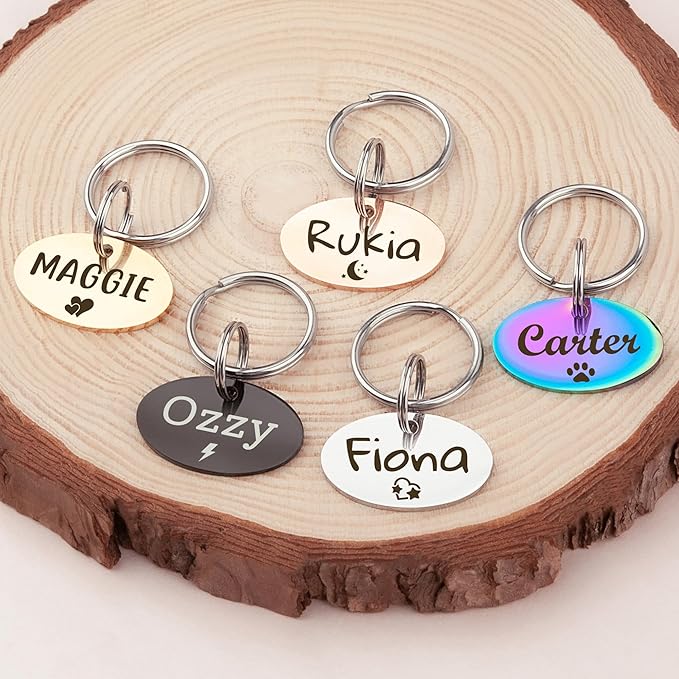 Anavia Small Size Dog Cat ID Tags, Small/XS Personalized Color Plated Stainless Steel Puppy Kitten Name Tags, Customized Engraved Nameplate Pet Collar Tag (Silver, Oval)