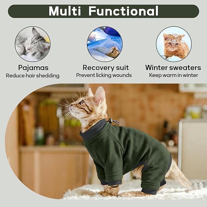 PUMYPOREITY Sticky Hair Cat Clothes, Prevent Hair Loss Cat Pajamas, Soft Cat Sweaters for Cats Only, Cat Hair Sticky Onesie, Cat Recovery Suit After Surgery, Green, L