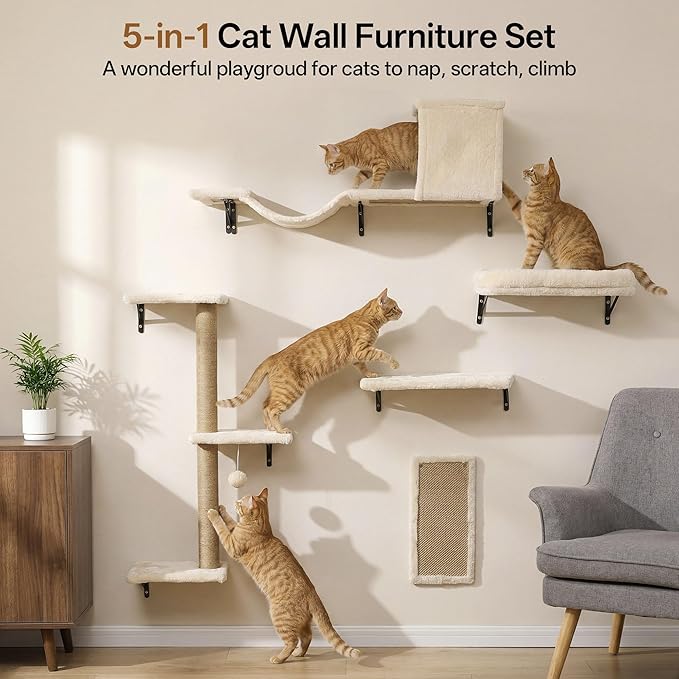MEWANG 5-in-1 Cat Wall Shelves: Cat Climbing Furniture with Wall Mounted Perch & Lounge for Indoor Cats, Space-Saving Wall Pet Shelves for Play & Rest - Beige (White)