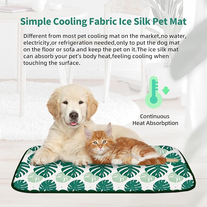 NWK Pack of 4 Pet Cooling Mat - Ice Silk Cooling Mat for Dogs & Cats Portable & Washable Pet Cooling Blanket, Car Seats, Beds for Summer (4pcs, Green Leaf, 20’’ X 16’’ X 0.3)