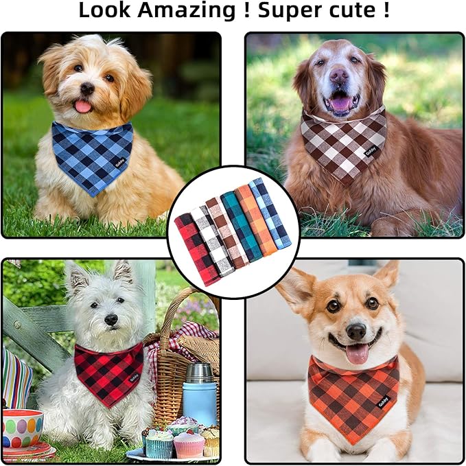 Buffalo Plaid Dog Bandanas Fall Christmas Small 6PCS Dog Gifts Red Blue Green Orange Black Brown Scarf Adjustable Kerchief for Small Cats Puppy