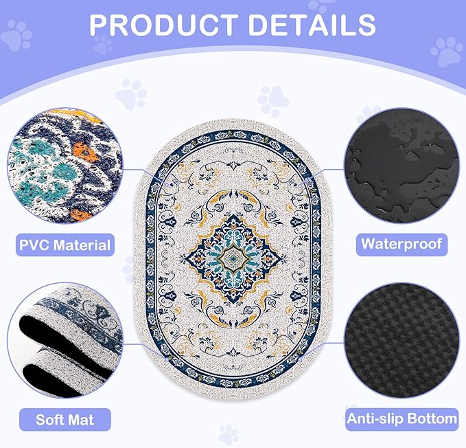 Bienbee Cat Litter Mat, 40" x 30" Jumbo Size Litter Box Mat Rug with Non-Slip Bottom, Urine and Water Proof, Easy to Clean Cat Supplies Essentials for Indoor Kitty Kitten Floor, Blue XL
