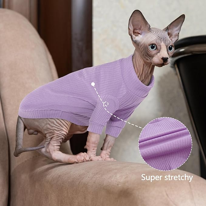 PUMYPOREITY Cat Clothes - Stretchy Cat Shirt & Sweater with Sleeves for Sphynx & Devon Rex Cats - Purple, XL