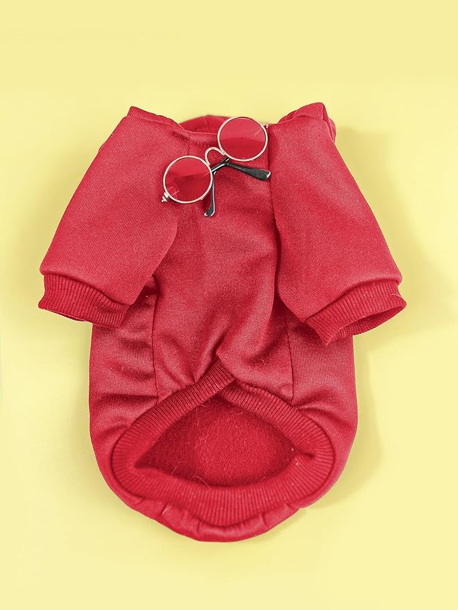 QWINEE 3Pcs Dog Hoodie Cat Apparel Dog Custume Set with Necklace and Sunglasses Pet Clothes for Puppy Small Medium Dogs Cats Red S