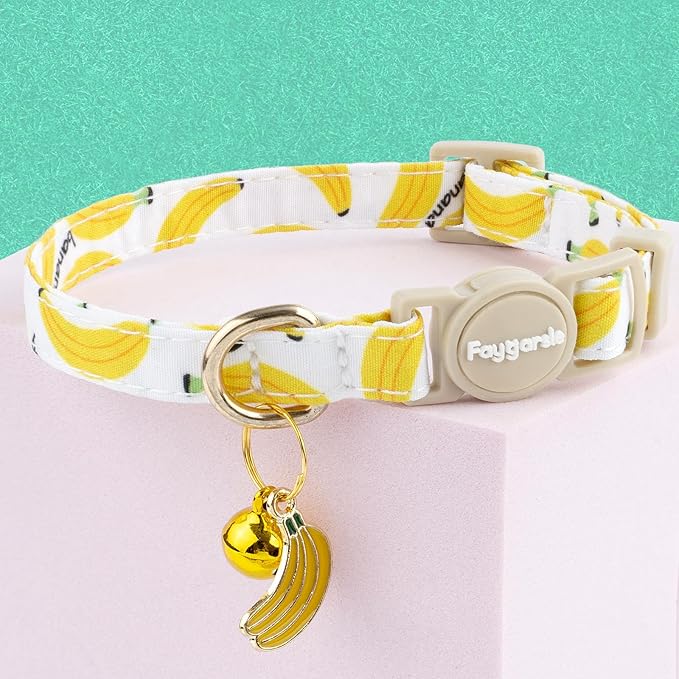 Faygarsle 2 Pack Blueberry Banana Pattern Cat Collars Breakaway Safety Collar with Bell Spring Summer Design for Girl Cats,Yellow Light Blue