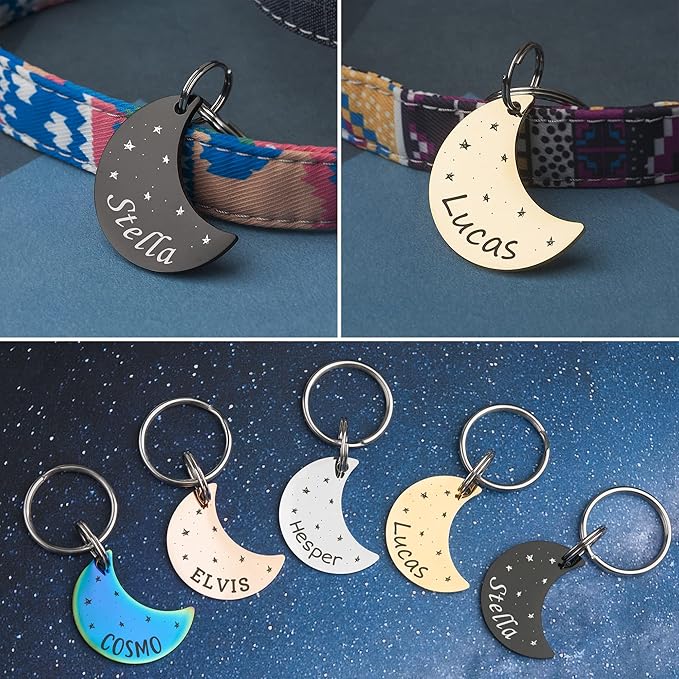 Anavia Small Size Dog Cat ID Tags, Small/XS Personalized Color Plated Stainless Steel Puppy Kitten Name Tags, Customized Engraved Nameplate Pet Collar Tag (Gold, Moon)