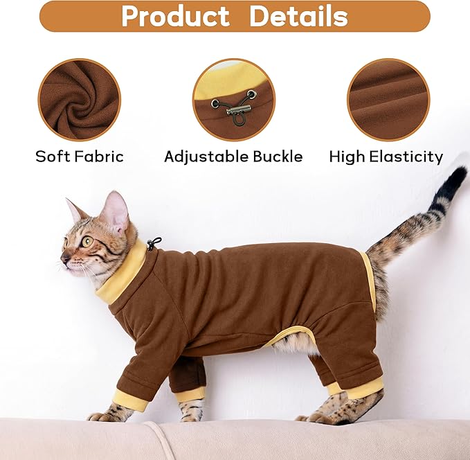 PUMYPOREITY Cat Hair Sticky Sweater, Recovery Suit - Breathable & Lightweight for Post-Surgery Protection, Cat Onsie Prevents Licking Wounds, Brown, XL