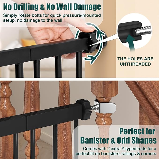 keny 29.7"-46" Baby Gate for Stairs, Auto Close Dog Gates for Doorways, Pressured Mounted No Drilling Pet Gate Extra Wide, One-Hand Opening Dual Lock Stair Gate, Indoor Kids Necessities, Black