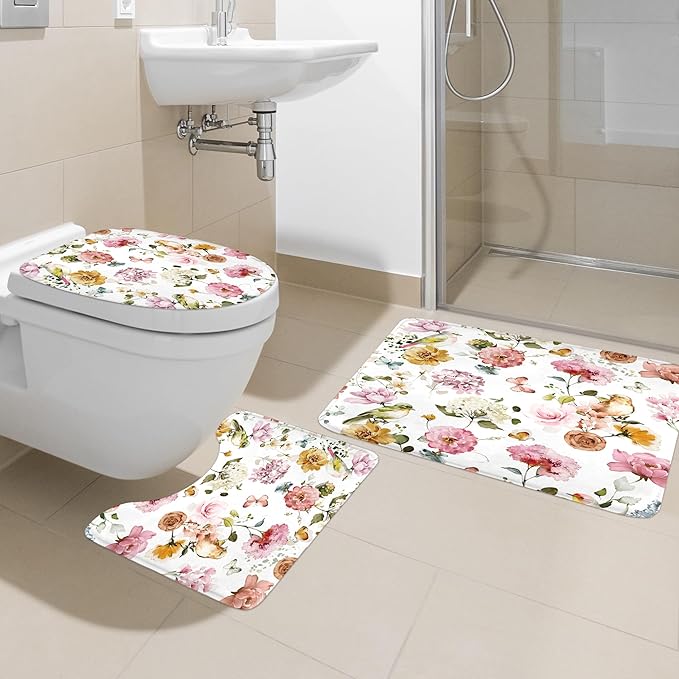 4 PCS Pink Floral Birds Bathroom Set with Shower Curtain and Rugs 72Wx72H Inch Classical Watercolor Non-Slip Bath Rug Toilet Lid Cover and U Shape Mat Accessories 12 Hooks Bathoom Decor