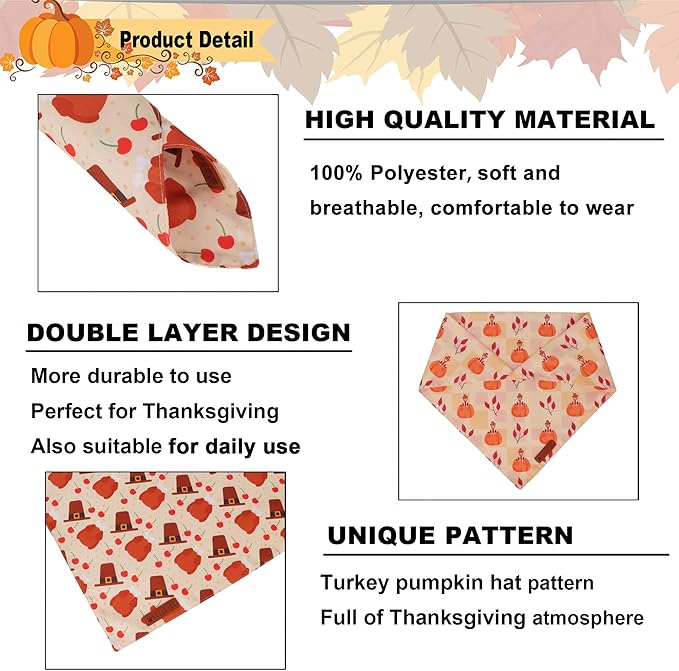 ADOGGYGO Thanksgiving Dog Bandanas 2 Pack, Reversible Turkey Pumpkin Pet Scarf Bib, Adjustable Fit Orange Thanksgiving Bandana for Medium Large Dogs (Large)