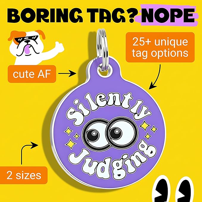 Bad Tags Personalized Dog and Cat ID Tags in 25+ Designs and 2 Sizes - 5 Lines of Custom Engraved Text - Funny Cute Personalized Pet Tags (Silently Judging - Purple, Large (1.25 inch))