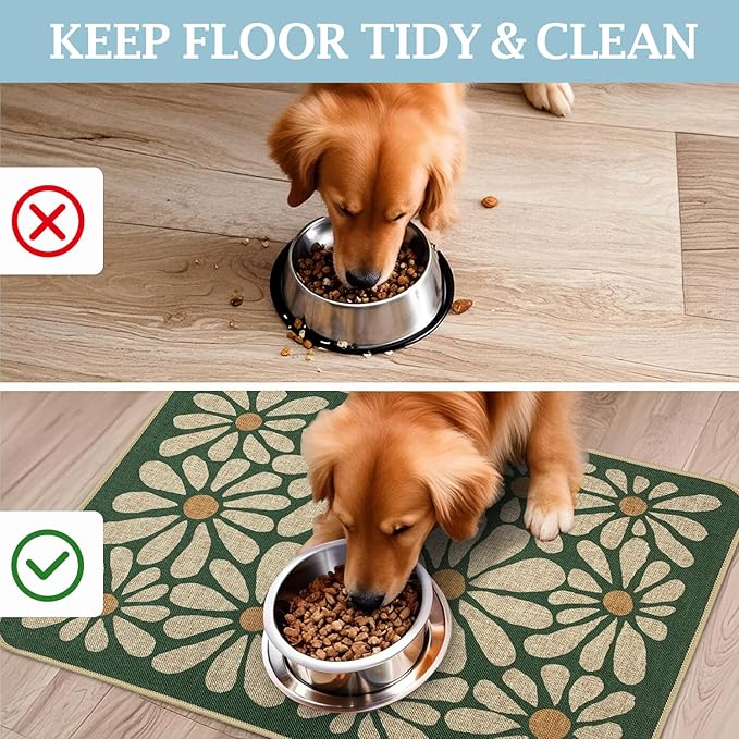 SHIYUE Dog Food Mats for Floors, Absorbent Cat Bowl for Food and Water, Non-Slip Accessories Pet Supplies(12"x20",Forest Green Flower)