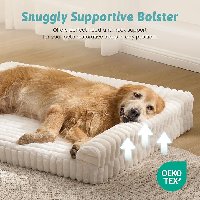 Cute Dog Bed for Large Dogs, Faux Rabbit Fur Orthopedic Foam Dog Bed with Sides, Removable Washable Cover & Waterproof Lining, Comfortable Pet Couch, Cream (44" L x 32" W x 7" Th)