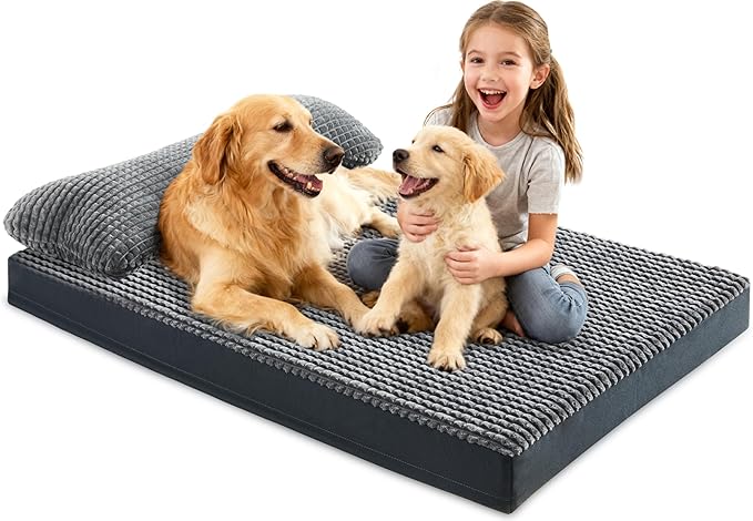 KISYYO Orthopedic Dog Beds for Extra Large Dogs with Removable Washable Cover and Removable Pillow for Crate,Waterproof Extra Large Dogs Mat, Grey, 29x20