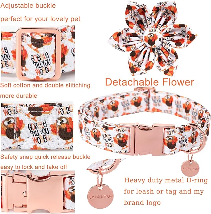Thanksgiving Dog Collar with Flower, Turkey Cotton Flower Collar for Puppy Girl Dog or Cat, Autumn Flower Collar with Durable Metal Buckle, Thanksgiving Pet Collar, XS, Neck 8-12in